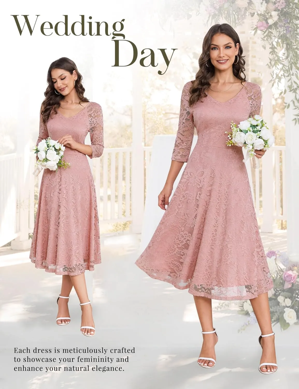 Dressystar Womens Long-Sleeve Wedding Guest Dress A-Line Lace Formal Party Cocktail Midi Dress Prom Gown