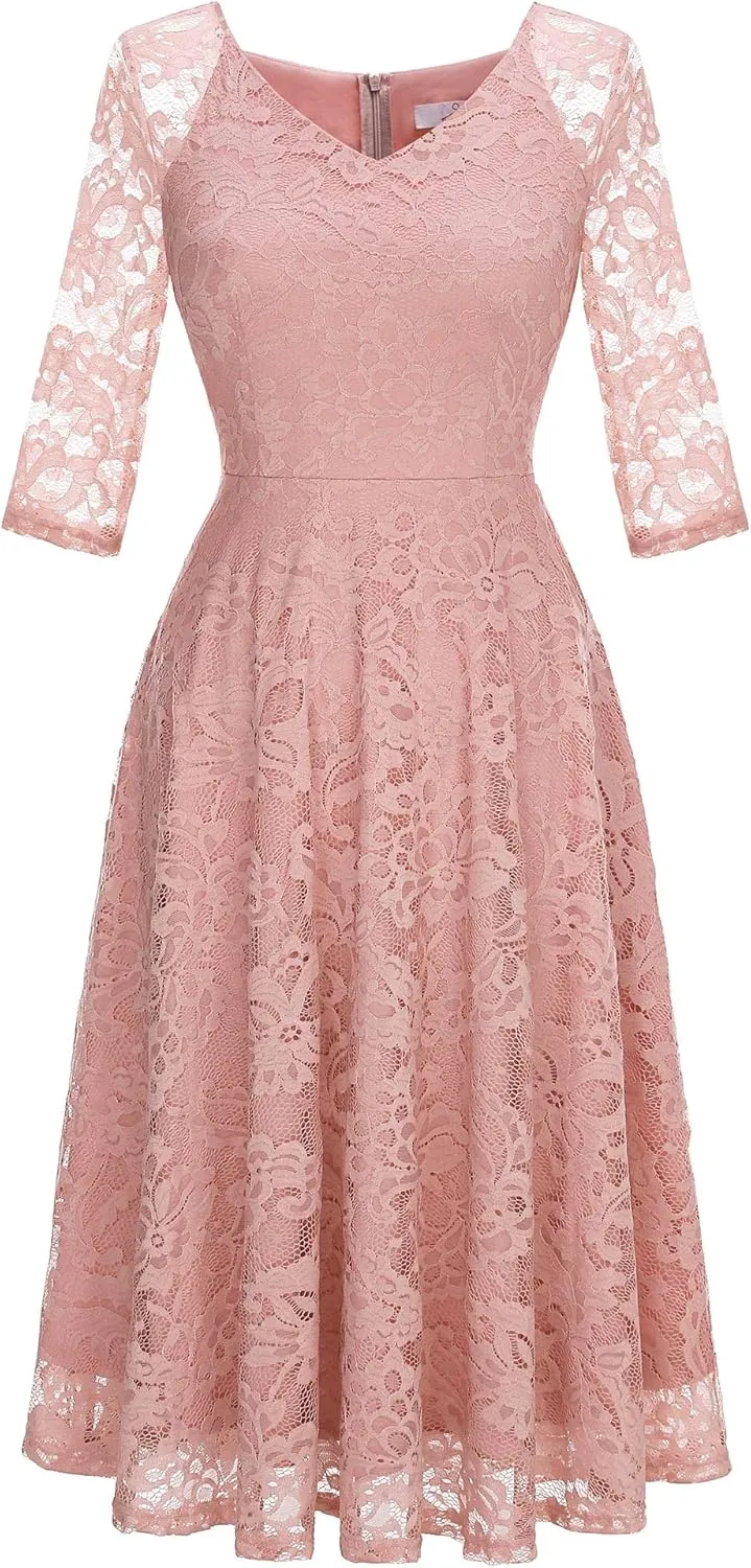 Dressystar Womens Long-Sleeve Wedding Guest Dress A-Line Lace Formal Party Cocktail Midi Dress Prom Gown
