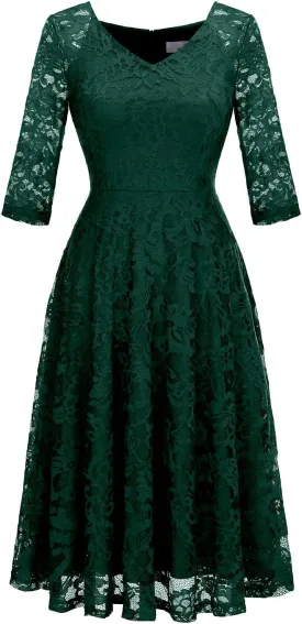 Dressystar Womens Long-Sleeve Wedding Guest Dress A-Line Lace Formal Party Cocktail Midi Dress Prom Gown