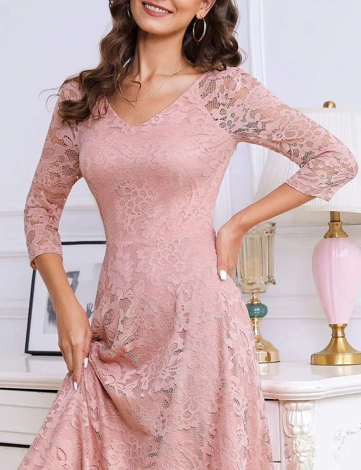 Dressystar Womens Long-Sleeve Wedding Guest Dress A-Line Lace Formal Party Cocktail Midi Dress Prom Gown