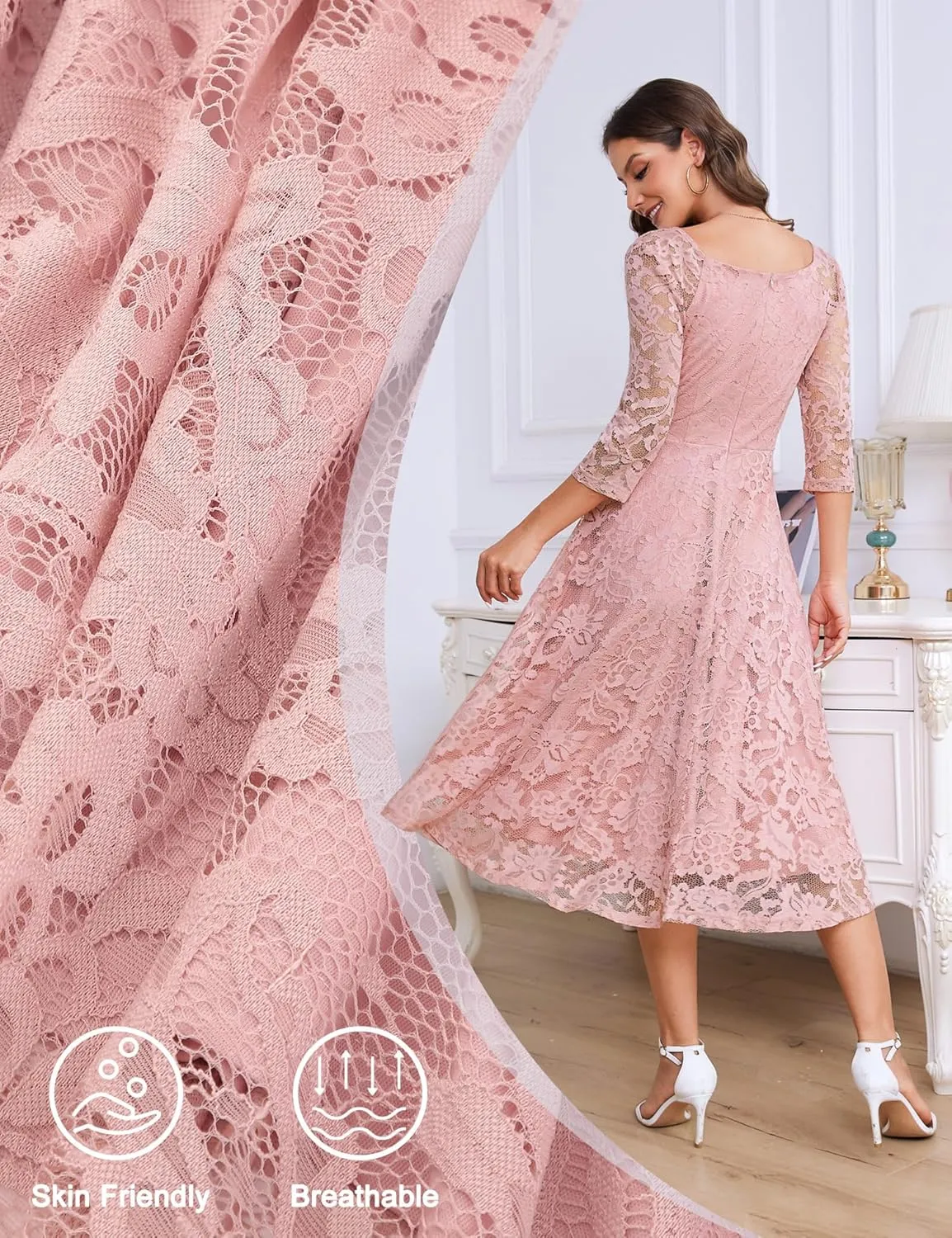 Dressystar Womens Long-Sleeve Wedding Guest Dress A-Line Lace Formal Party Cocktail Midi Dress Prom Gown