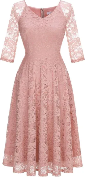 Dressystar Womens Long-Sleeve Wedding Guest Dress A-Line Lace Formal Party Cocktail Midi Dress Prom Gown