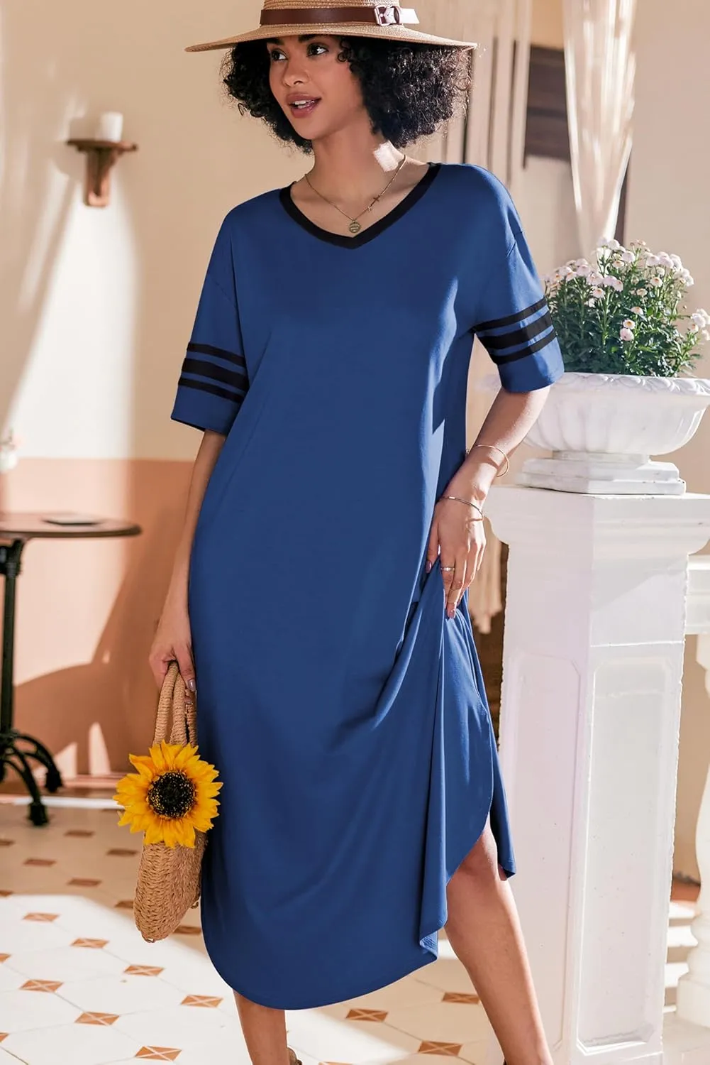 Ekouaer Long Nightgown, Womens V Neck Loungewear Oversized Sleepwear Loose Sleep Dress S-4XL