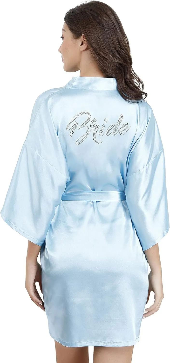 EPLAZA Women's One Size Silver Rhinestones Bride Bridesmaid Short Satin Robes for Wedding Party Getting Ready