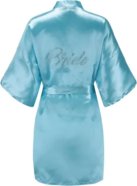 EPLAZA Women's One Size Silver Rhinestones Bride Bridesmaid Short Satin Robes for Wedding Party Getting Ready