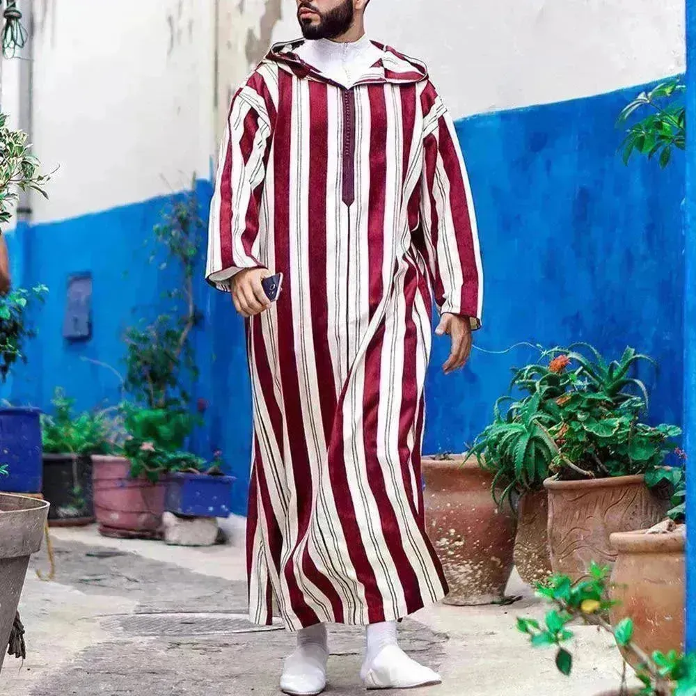 Fashionable and Elegant Men's Color Blocking Striped Long Arab  Robe Hoodie Moroccan Men's Jalabiya