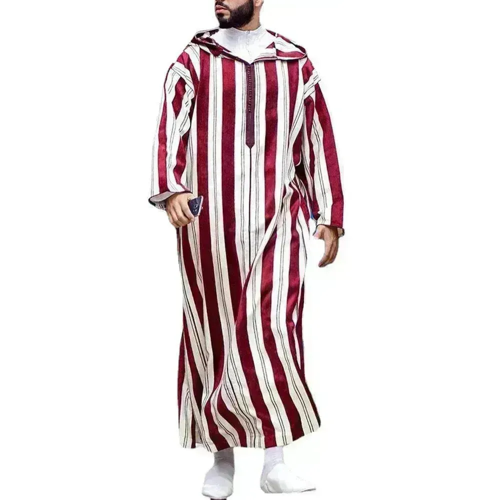 Fashionable and Elegant Men's Color Blocking Striped Long Arab  Robe Hoodie Moroccan Men's Jalabiya