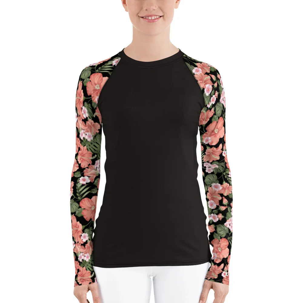 Flower Sleeve Women's Rash Guard, Pink Floral Black Print Surf Long Sleeve Swim Shirt Swimwear Sun Beach Designer Wet Suit Protection 40 UPF