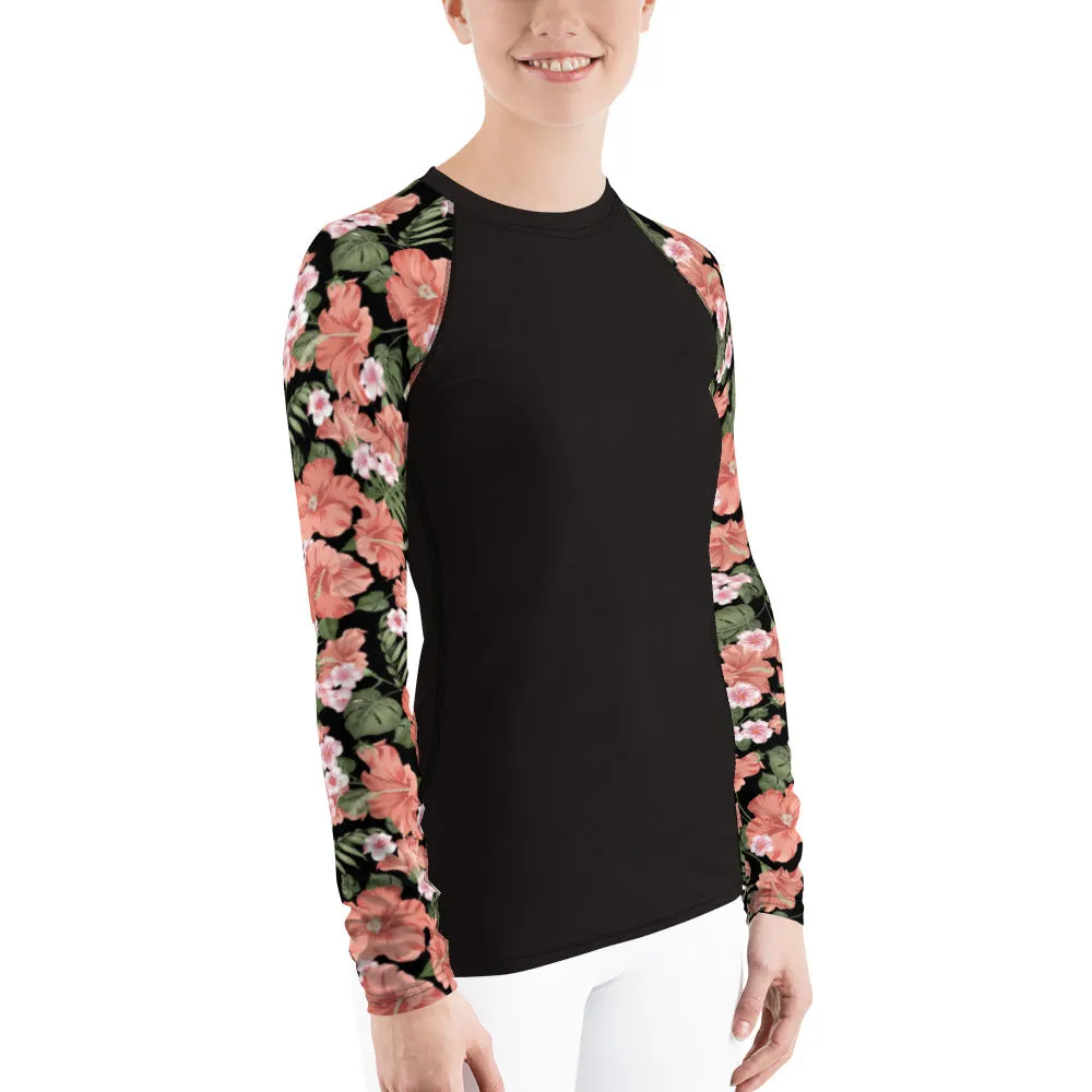 Flower Sleeve Women's Rash Guard, Pink Floral Black Print Surf Long Sleeve Swim Shirt Swimwear Sun Beach Designer Wet Suit Protection 40 UPF