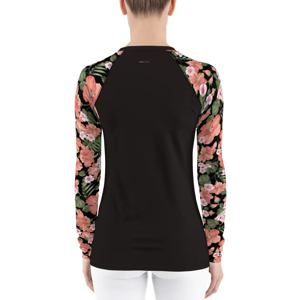Flower Sleeve Women's Rash Guard, Pink Floral Black Print Surf Long Sleeve Swim Shirt Swimwear Sun Beach Designer Wet Suit Protection 40 UPF