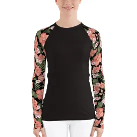 Flower Sleeve Women's Rash Guard, Pink Floral Black Print Surf Long Sleeve Swim Shirt Swimwear Sun Beach Designer Wet Suit Protection 40 UPF