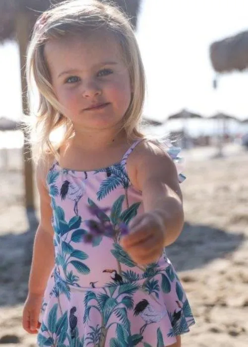 Girls One Piece Swimsuit - Elle Swimsuit in PINK JUNGLE - Pink/Green