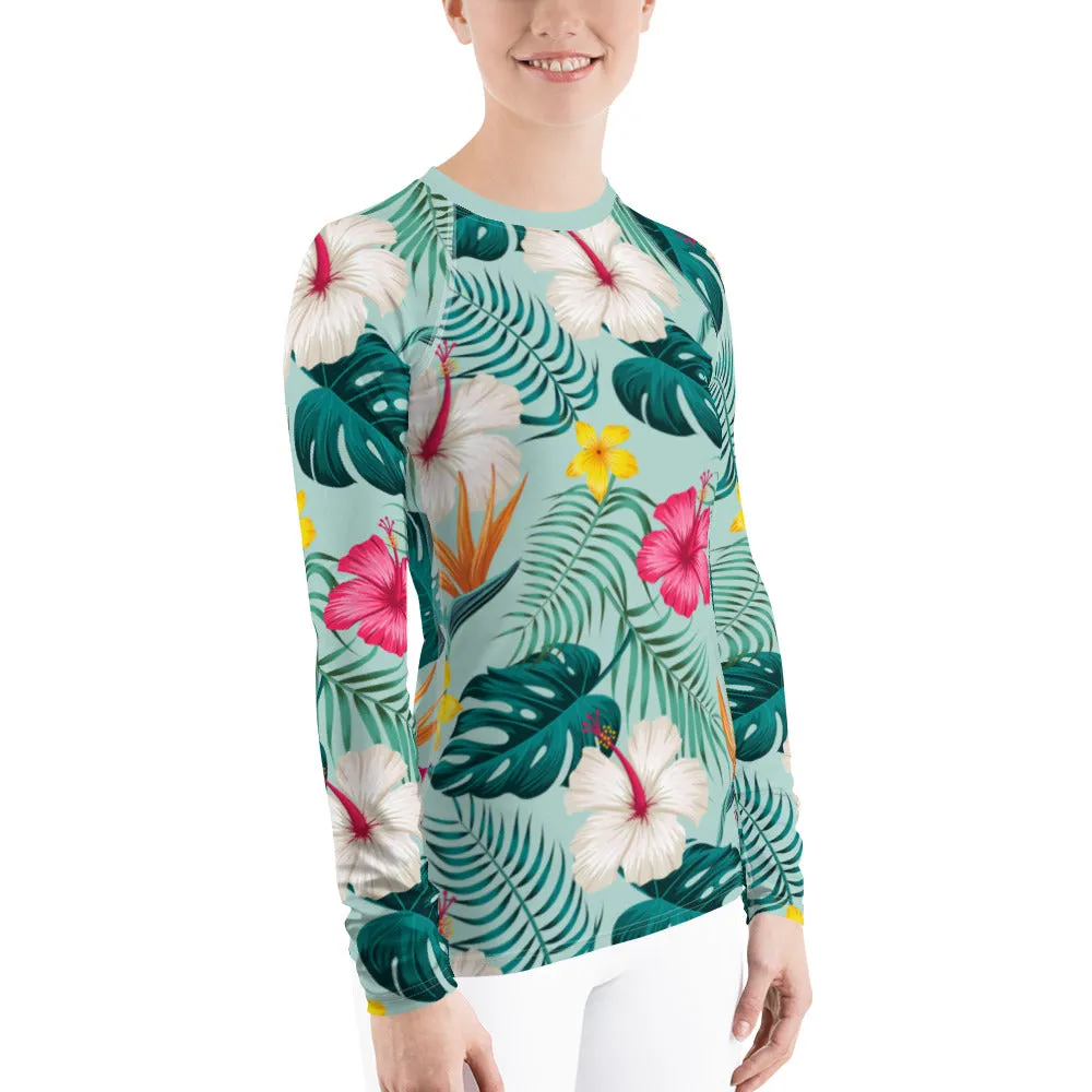 Green Tropical Flower Women Rash Guard, Floral Leaves Print Surf Long Sleeve Swim Shirt Sun Beach Designer Wet Suit Protection 40 UPF