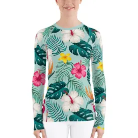 Green Tropical Flower Women Rash Guard, Floral Leaves Print Surf Long Sleeve Swim Shirt Sun Beach Designer Wet Suit Protection 40 UPF