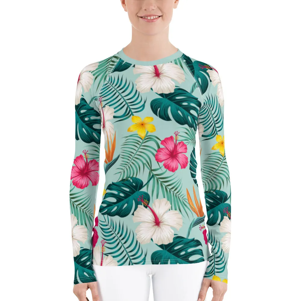 Green Tropical Flower Women Rash Guard, Floral Leaves Print Surf Long Sleeve Swim Shirt Sun Beach Designer Wet Suit Protection 40 UPF