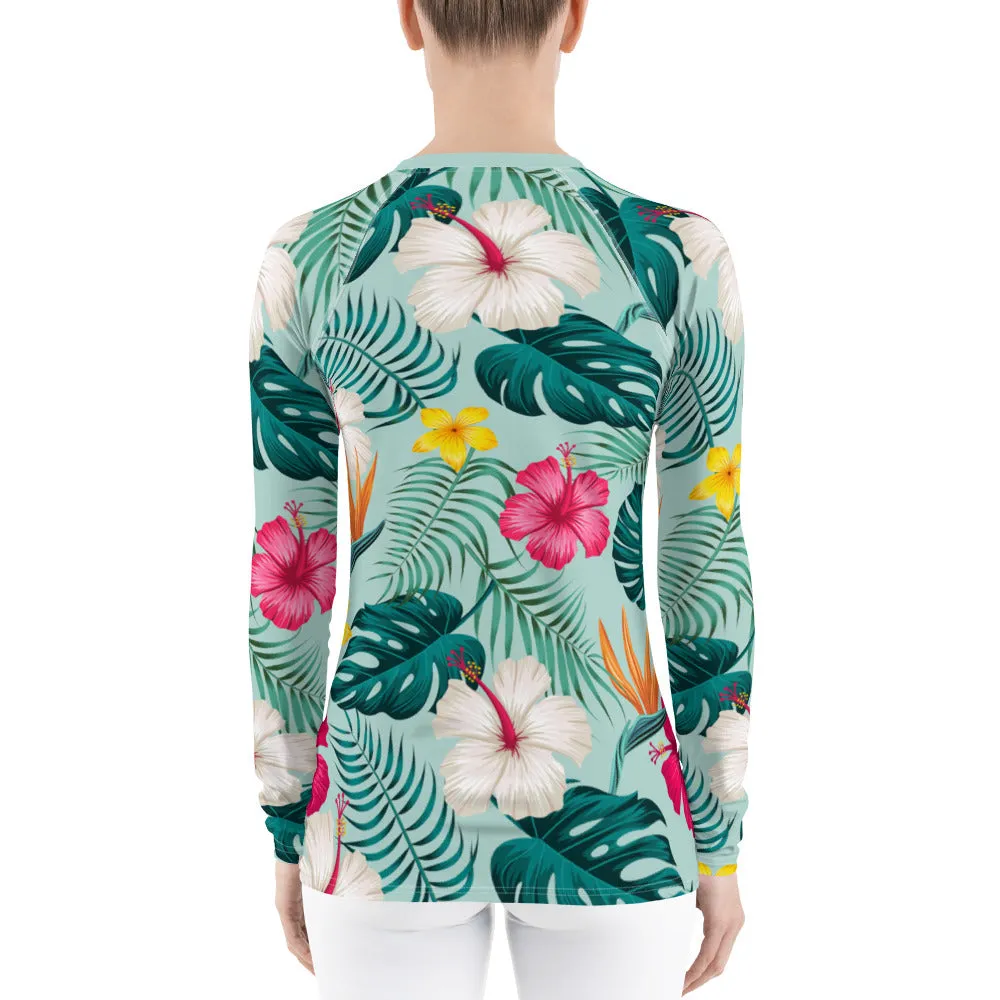 Green Tropical Flower Women Rash Guard, Floral Leaves Print Surf Long Sleeve Swim Shirt Sun Beach Designer Wet Suit Protection 40 UPF