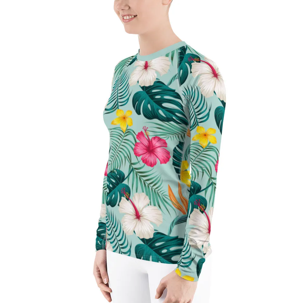 Green Tropical Flower Women Rash Guard, Floral Leaves Print Surf Long Sleeve Swim Shirt Sun Beach Designer Wet Suit Protection 40 UPF