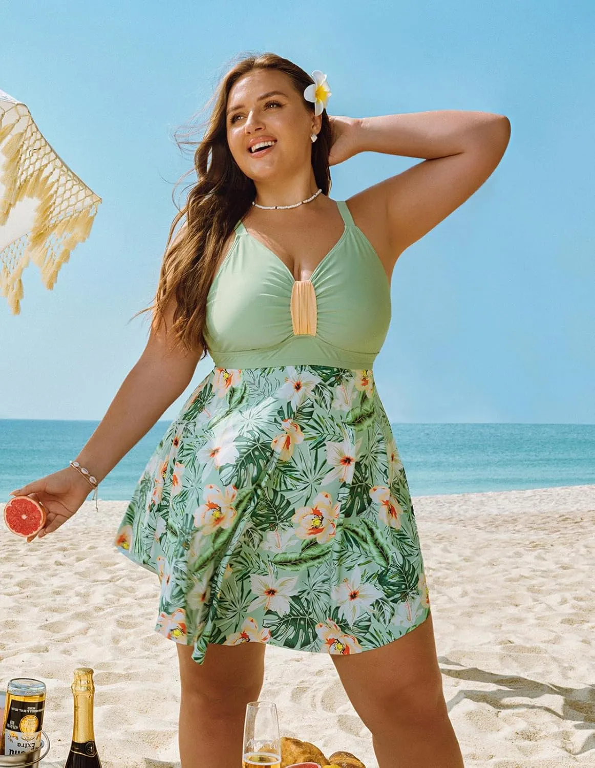 Hanna Nikole Womens Plus Size Swim Dress Swimsuit One Piece Tummy Control Bathing Suit Flowy Body Shaping Swimwear