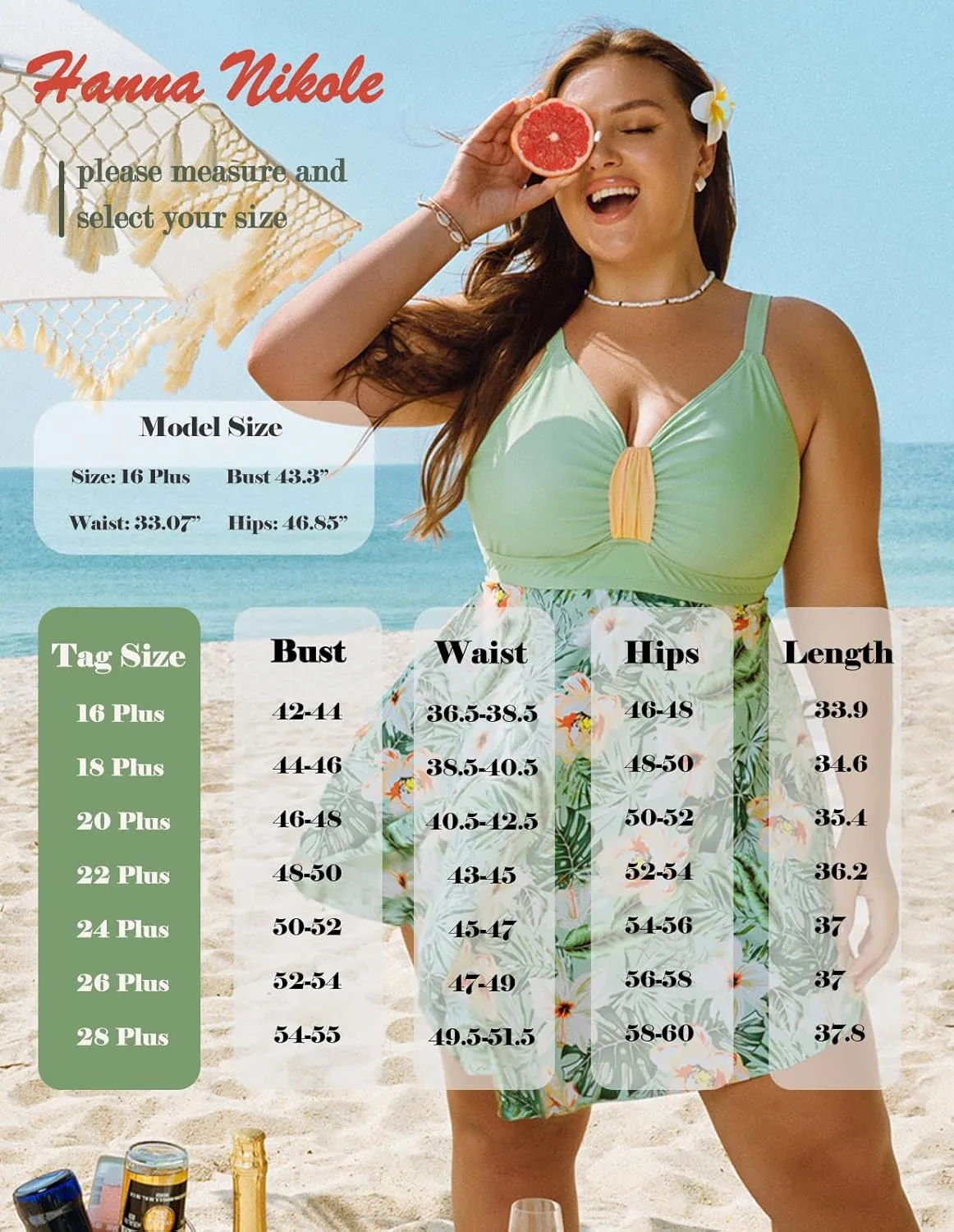 Hanna Nikole Womens Plus Size Swim Dress Swimsuit One Piece Tummy Control Bathing Suit Flowy Body Shaping Swimwear