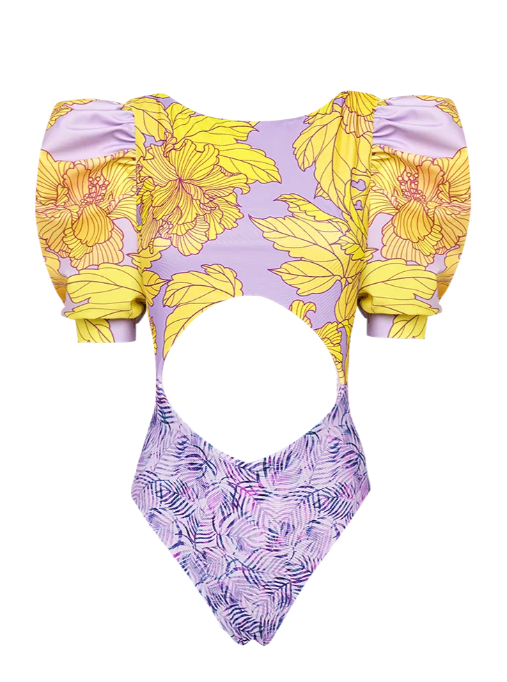 Hibiscus One Piece   Puffed Sleeves