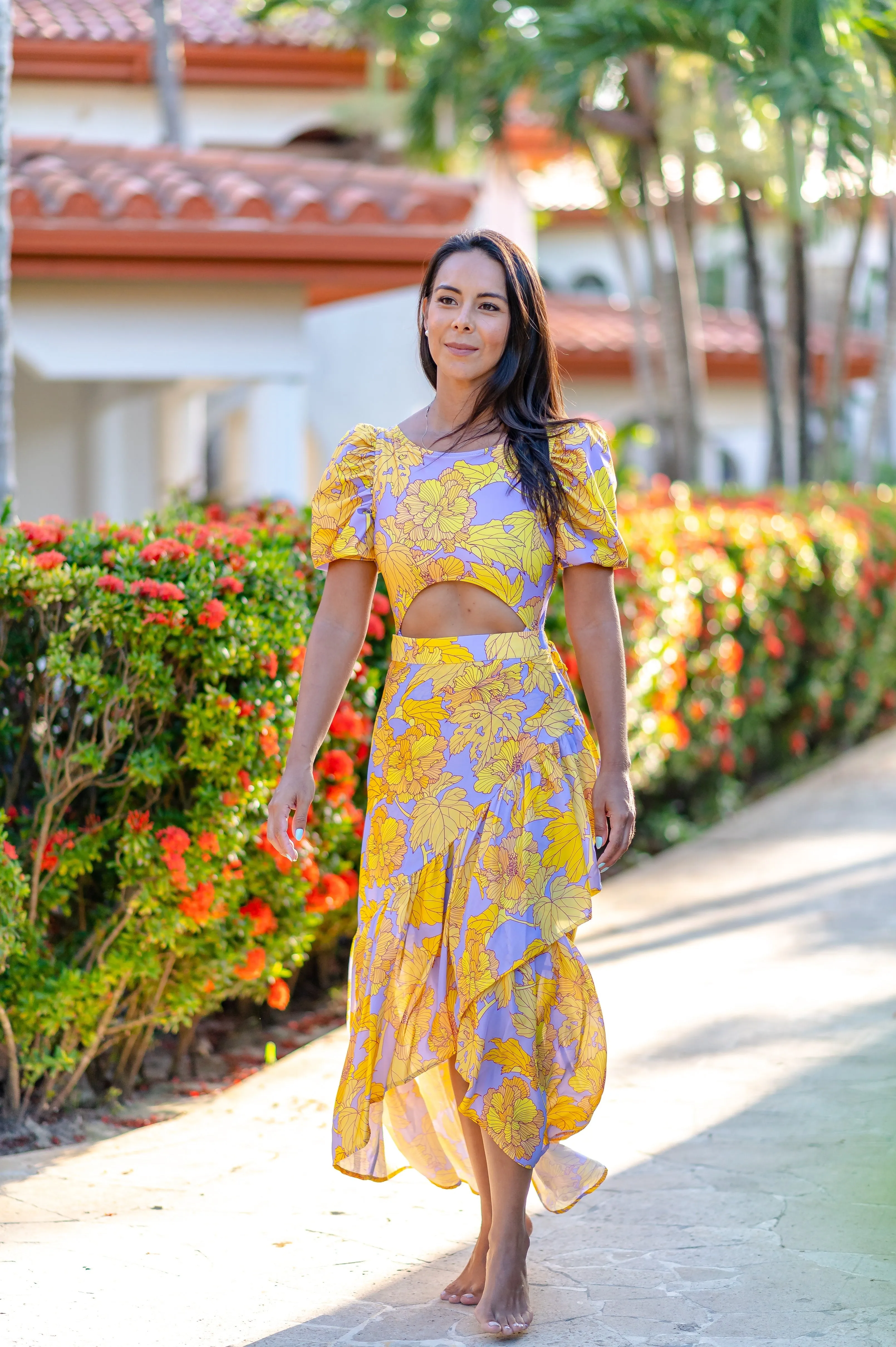 Hibiscus One Piece   Puffed Sleeves