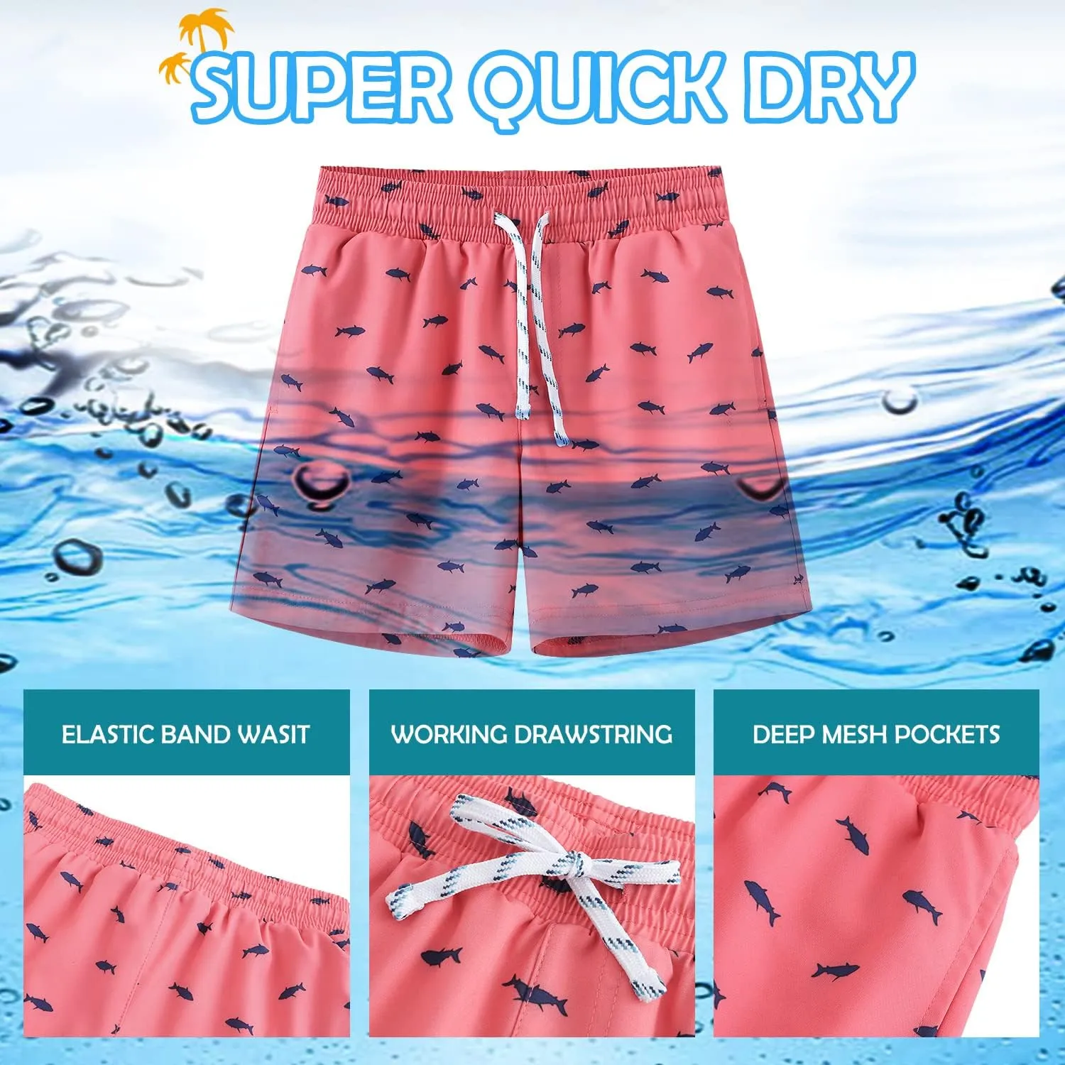HODOSPORTS Boys Swim Trunks Swimwear Bathing Suits Swim Shorts with Pockets