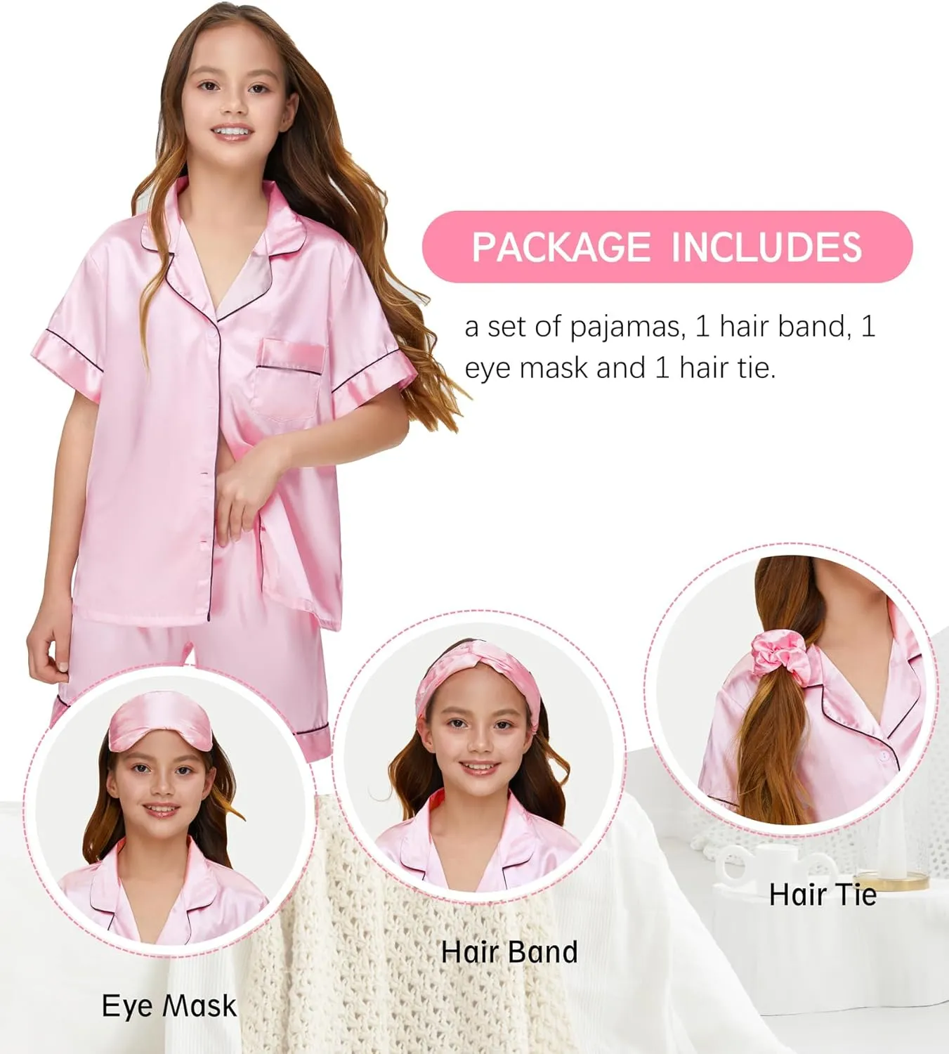 Kids Girl Pajama Set with Headband Blindfold Hair Tie Toddler Boy Girl Satin Silky Button-up Pajama Sleepwear