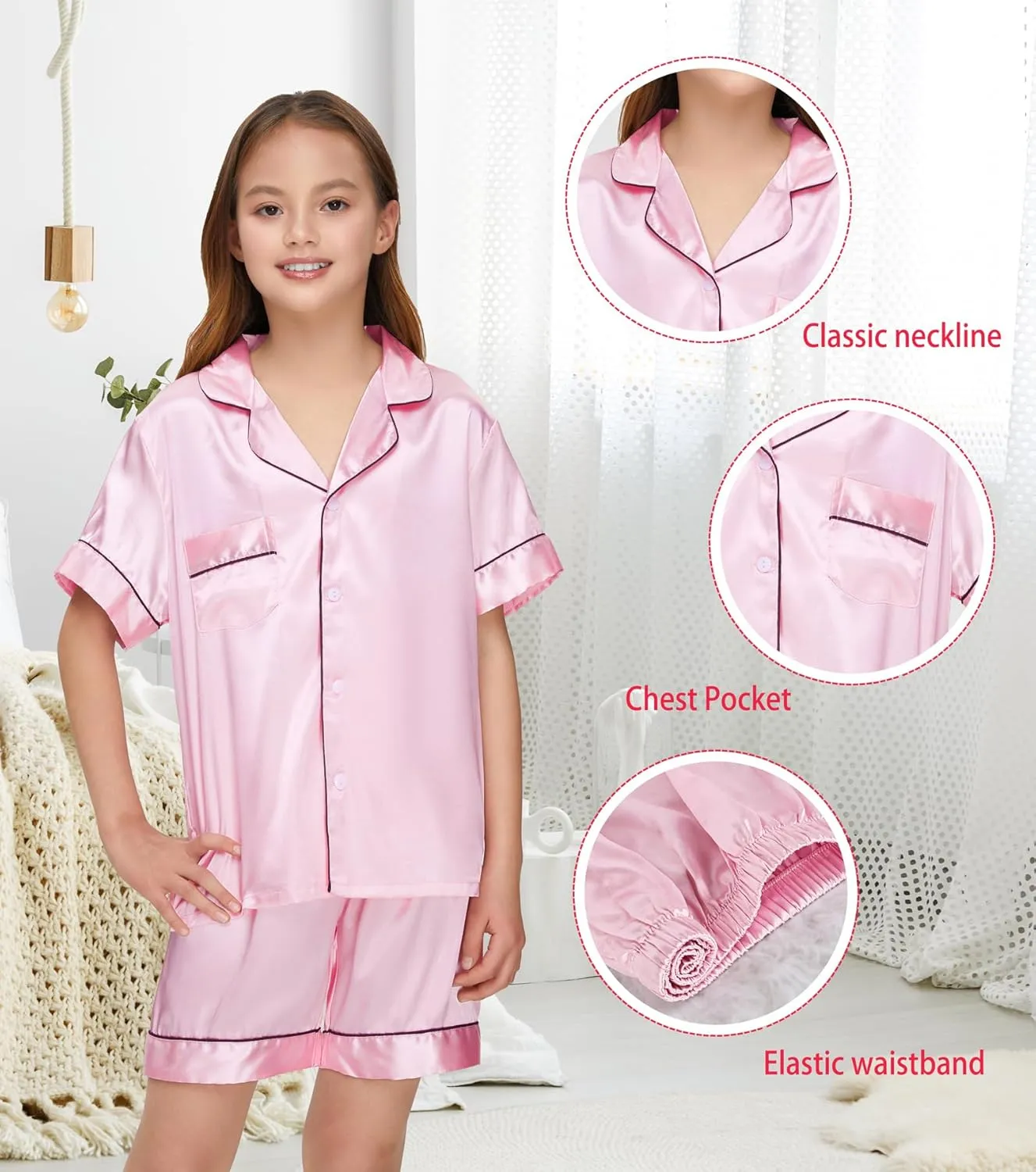 Kids Girl Pajama Set with Headband Blindfold Hair Tie Toddler Boy Girl Satin Silky Button-up Pajama Sleepwear