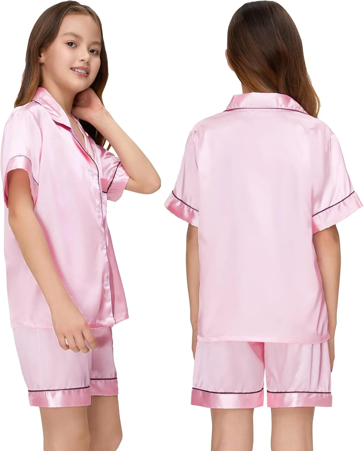 Kids Girl Pajama Set with Headband Blindfold Hair Tie Toddler Boy Girl Satin Silky Button-up Pajama Sleepwear