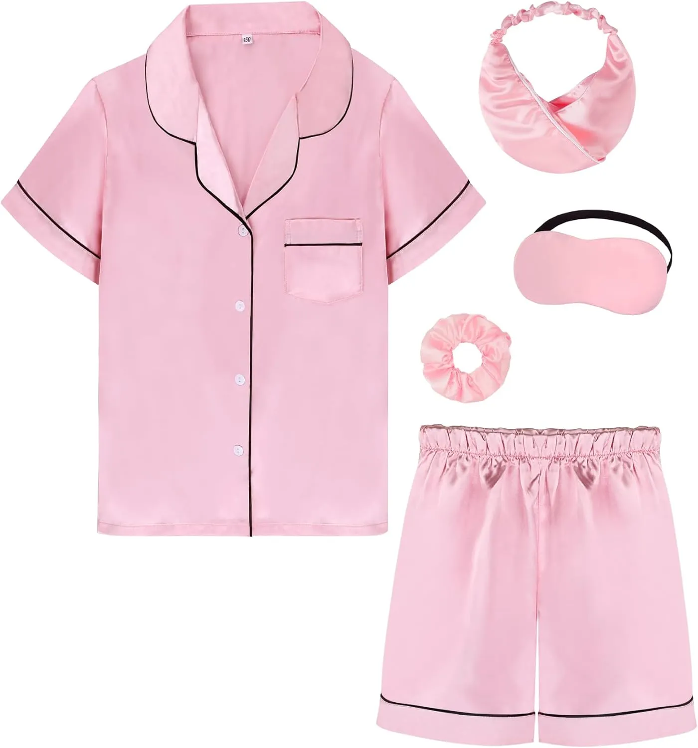Kids Girl Pajama Set with Headband Blindfold Hair Tie Toddler Boy Girl Satin Silky Button-up Pajama Sleepwear