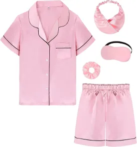 Kids Girl Pajama Set with Headband Blindfold Hair Tie Toddler Boy Girl Satin Silky Button-up Pajama Sleepwear