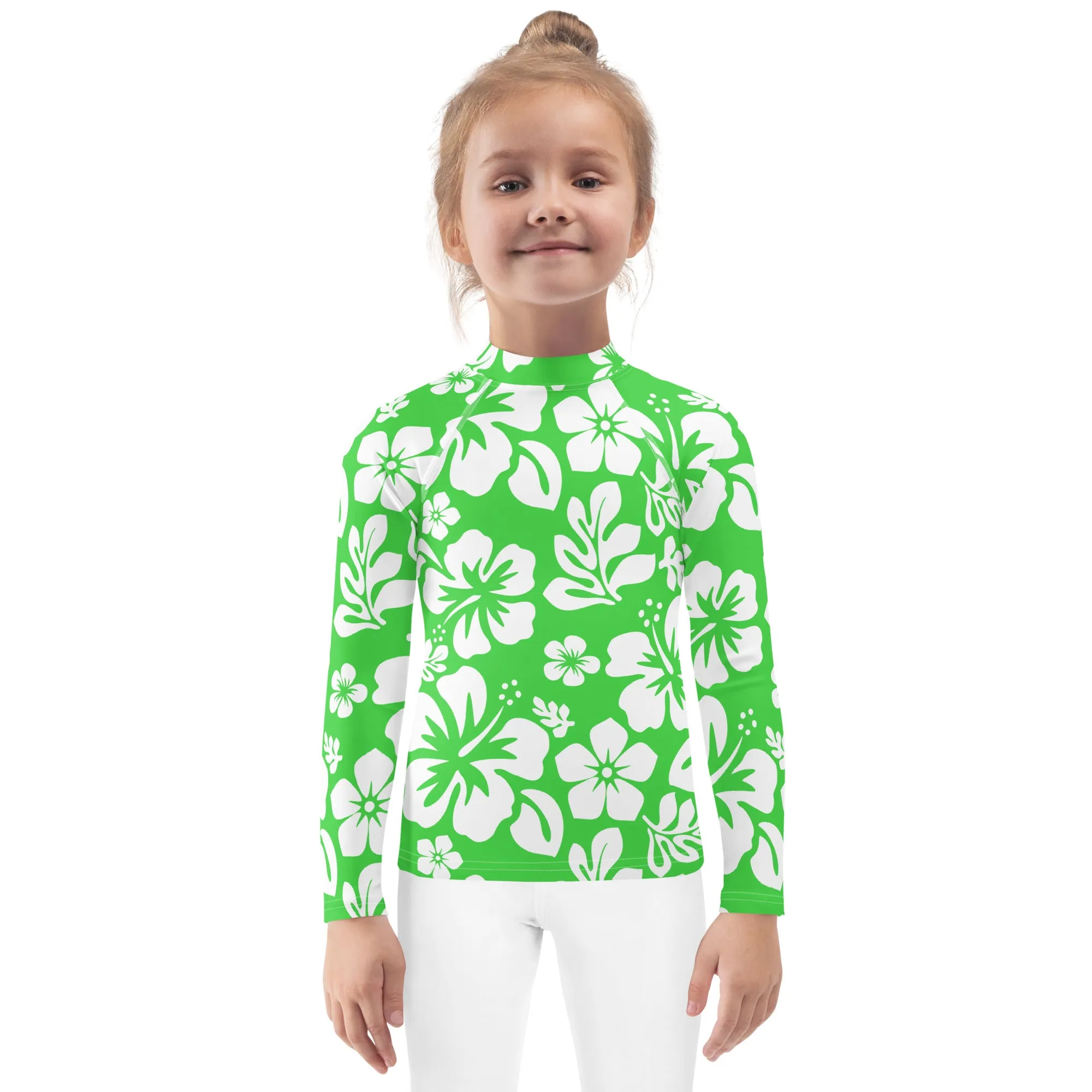 Kids Lime Green and White Hawaiian Flowers Rash Guard