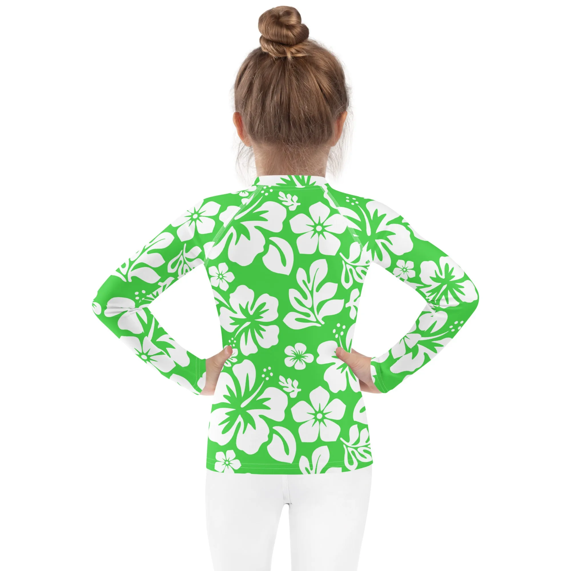 Kids Lime Green and White Hawaiian Flowers Rash Guard