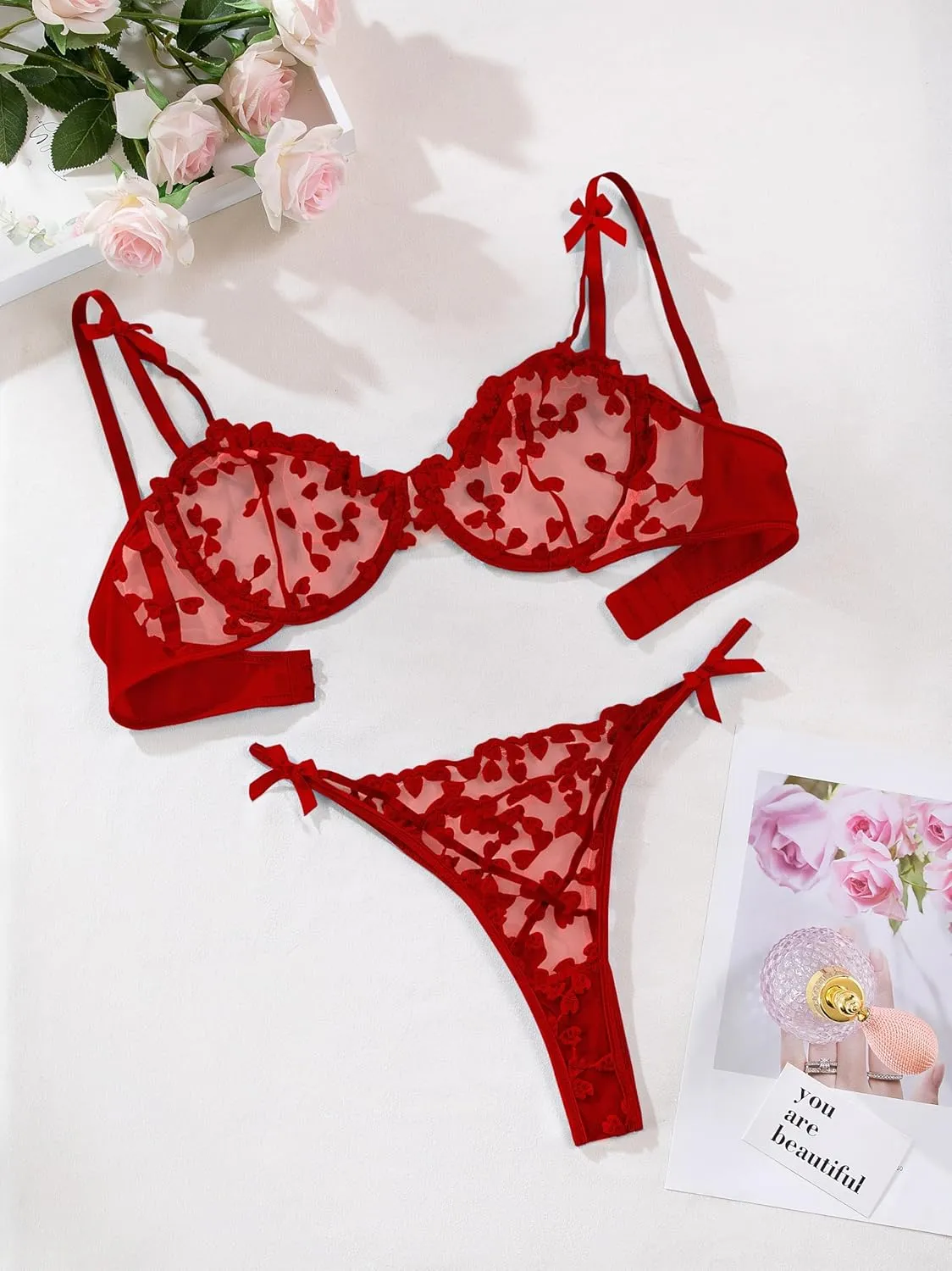 Lilosy Sexy Underwire Cute Push Up Strappy Embroidered Mesh Sheer Lingerie Set See Through Panty Bra
