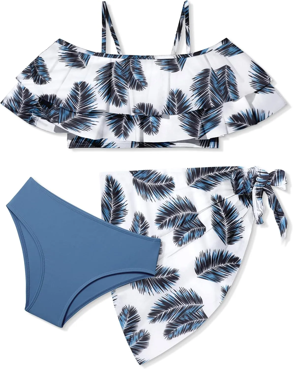 NAPU Girls Swimsuit Cold Shoulder Girls Bikini Set Tropical Girls Bathing Suit Teen Girls Swimwear with Wrap Beach Skirt