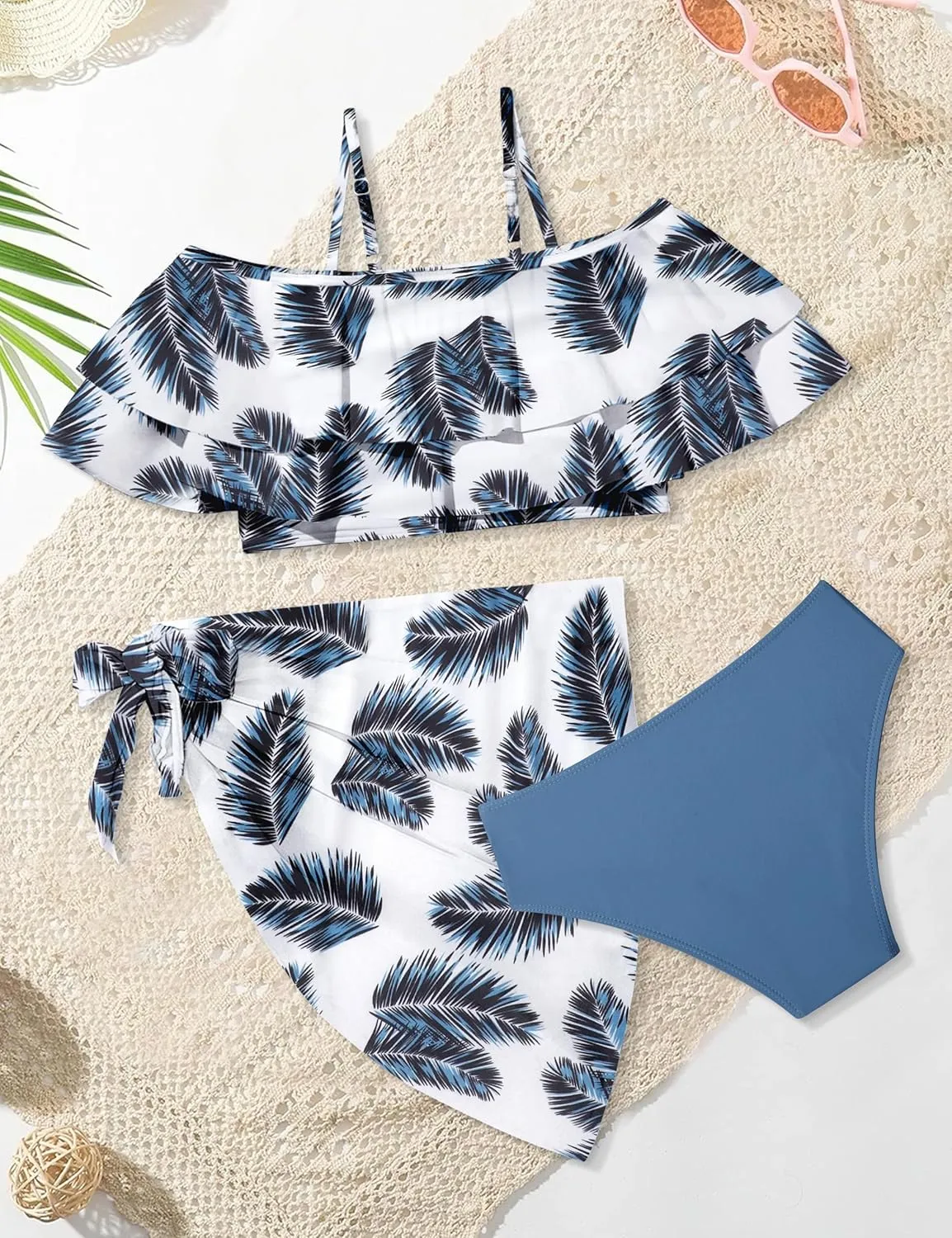 NAPU Girls Swimsuit Cold Shoulder Girls Bikini Set Tropical Girls Bathing Suit Teen Girls Swimwear with Wrap Beach Skirt