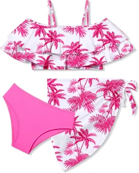 NAPU Girls Swimsuit Cold Shoulder Girls Bikini Set Tropical Girls Bathing Suit Teen Girls Swimwear with Wrap Beach Skirt