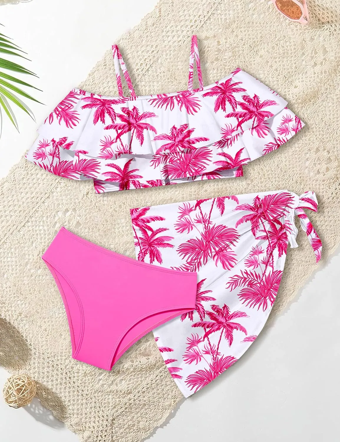 NAPU Girls Swimsuit Cold Shoulder Girls Bikini Set Tropical Girls Bathing Suit Teen Girls Swimwear with Wrap Beach Skirt