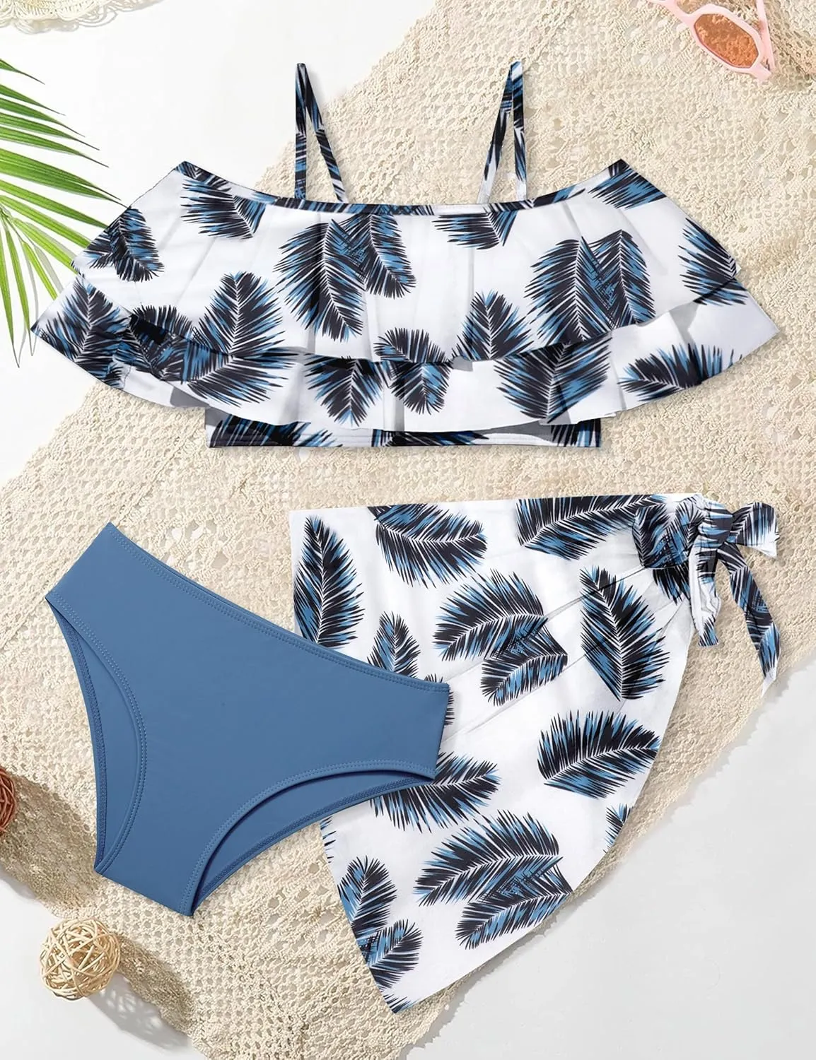 NAPU Girls Swimsuit Cold Shoulder Girls Bikini Set Tropical Girls Bathing Suit Teen Girls Swimwear with Wrap Beach Skirt