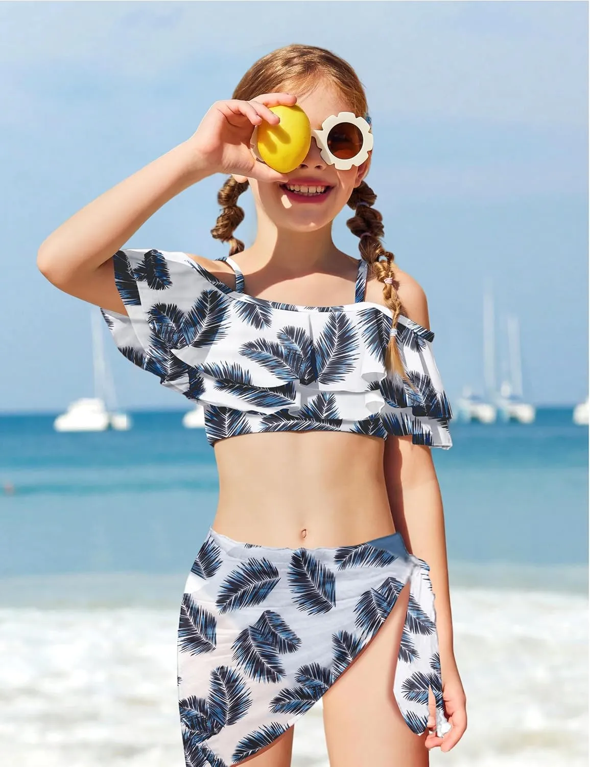 NAPU Girls Swimsuit Cold Shoulder Girls Bikini Set Tropical Girls Bathing Suit Teen Girls Swimwear with Wrap Beach Skirt