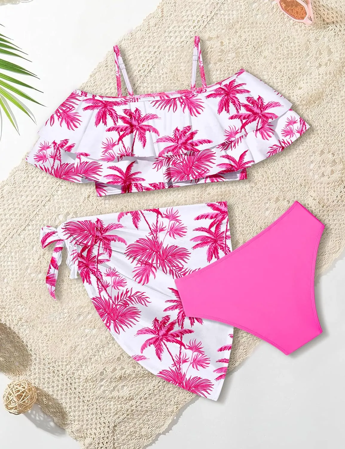 NAPU Girls Swimsuit Cold Shoulder Girls Bikini Set Tropical Girls Bathing Suit Teen Girls Swimwear with Wrap Beach Skirt