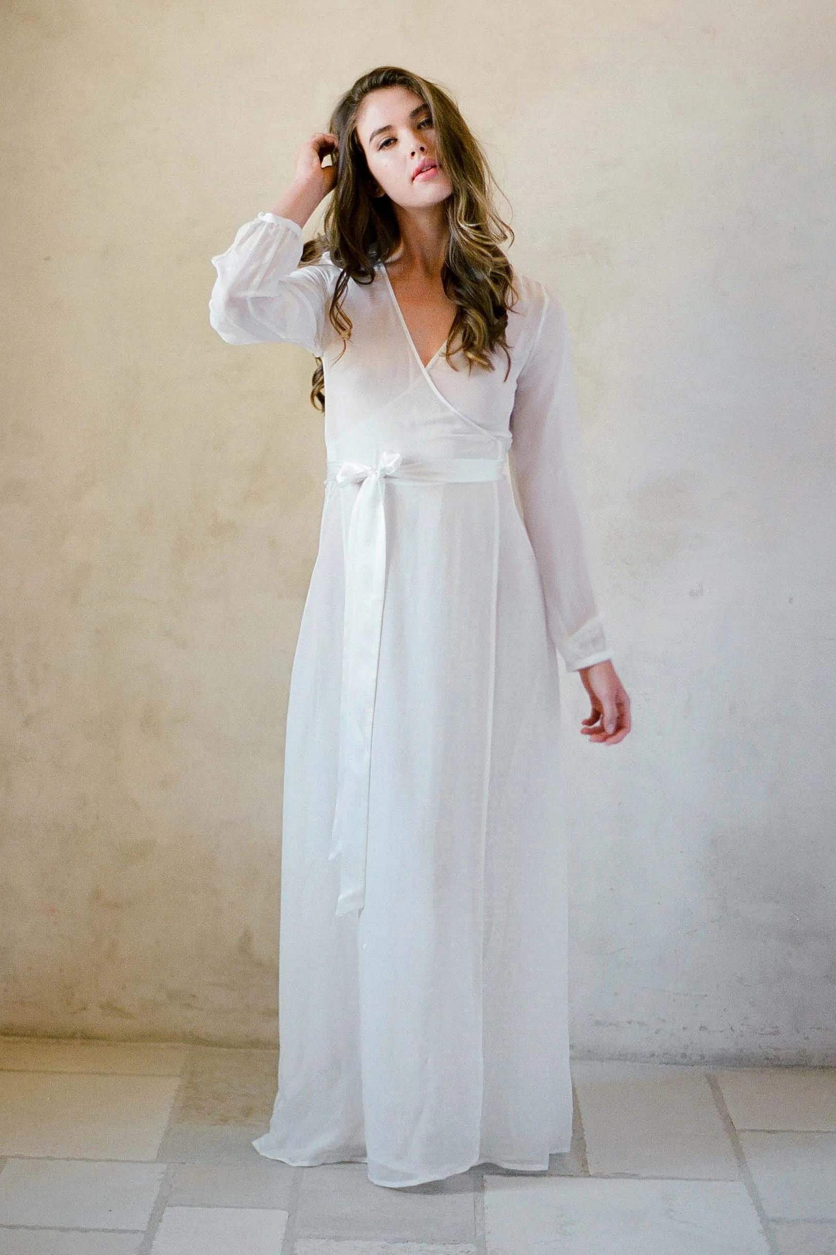 Nina Silk Chiffon Wrap Robe in Ivory