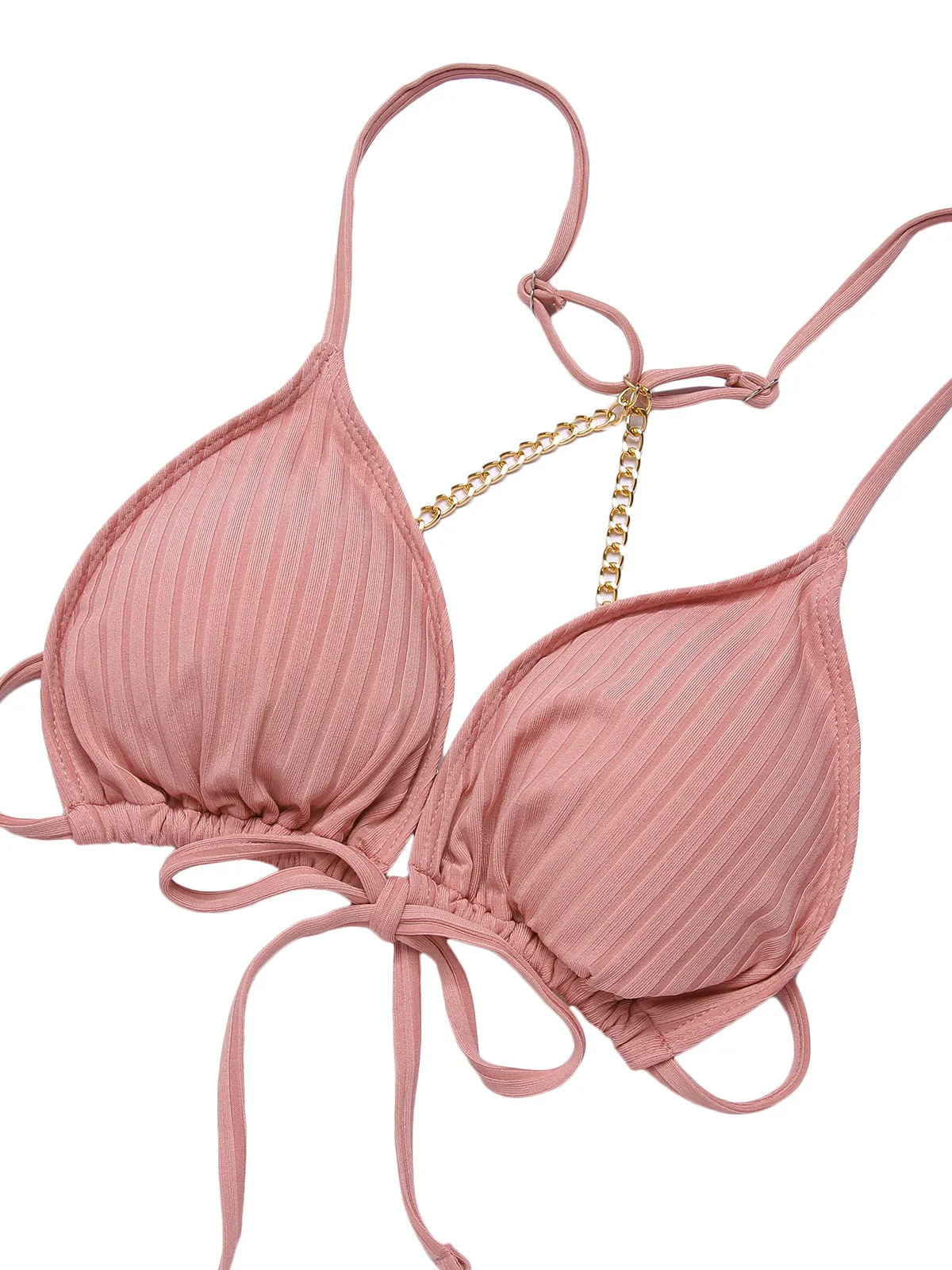 [Plus Size] Pink 1950s Solid Pleated Bikini Set