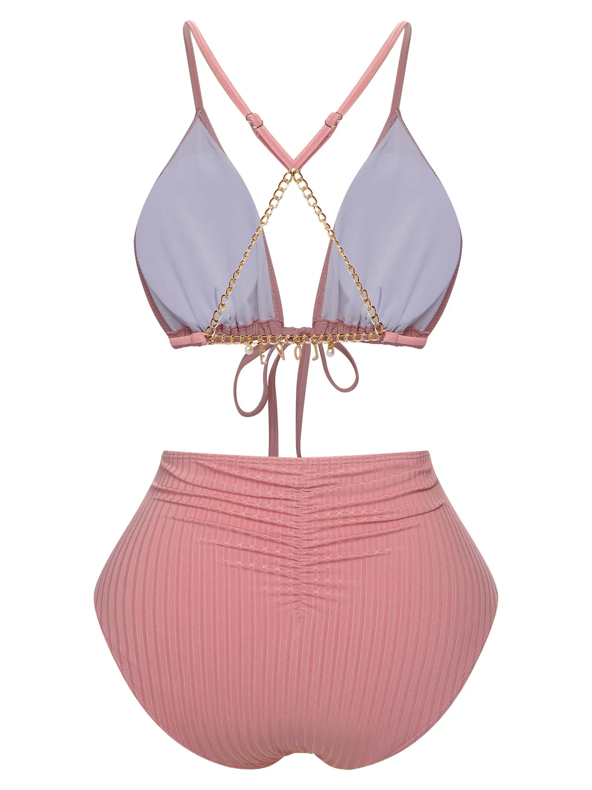 [Plus Size] Pink 1950s Solid Pleated Bikini Set