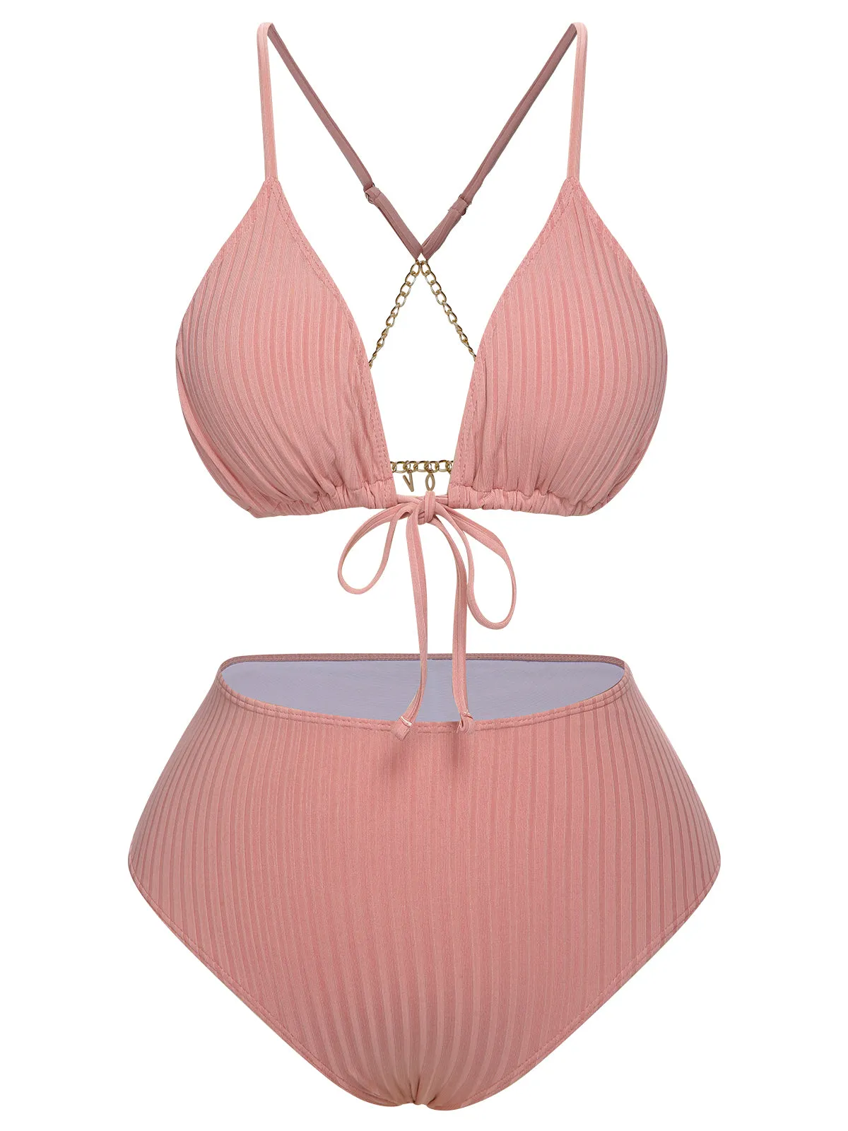 [Plus Size] Pink 1950s Solid Pleated Bikini Set