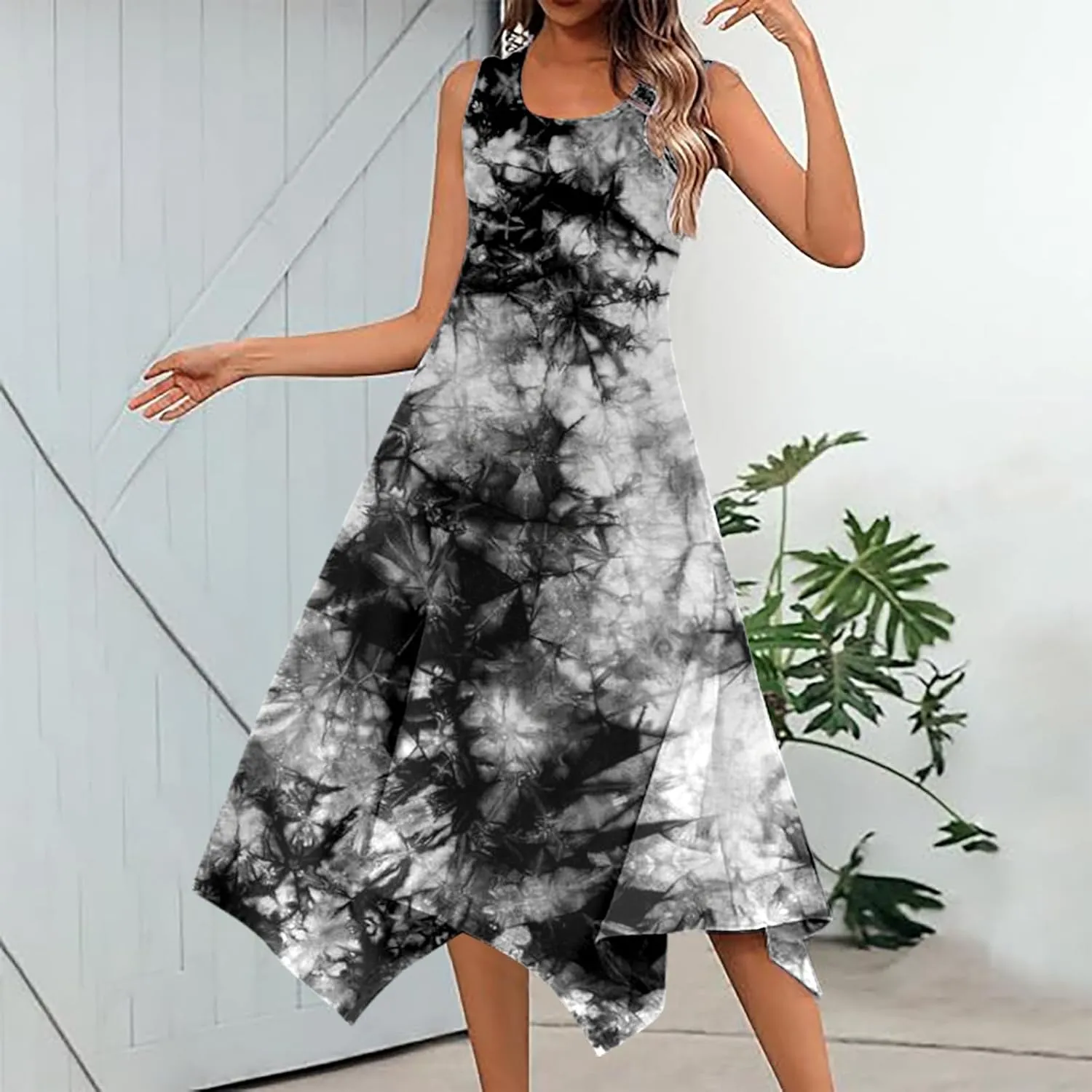PTOLOCIF Summer Dresses for Women 2024 Sleeveless Swing Dress Casual Crewneck Boho Sundress Handkerchief Hem Tank Maxi Dress