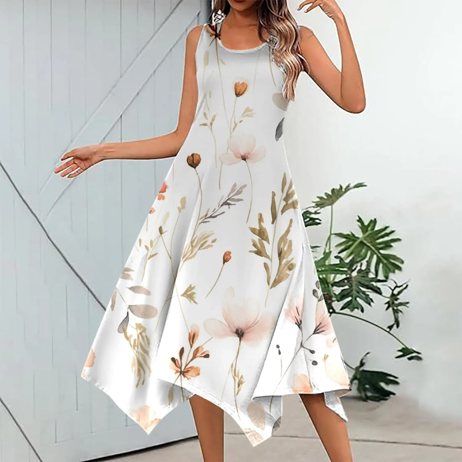 PTOLOCIF Summer Dresses for Women 2024 Sleeveless Swing Dress Casual Crewneck Boho Sundress Handkerchief Hem Tank Maxi Dress