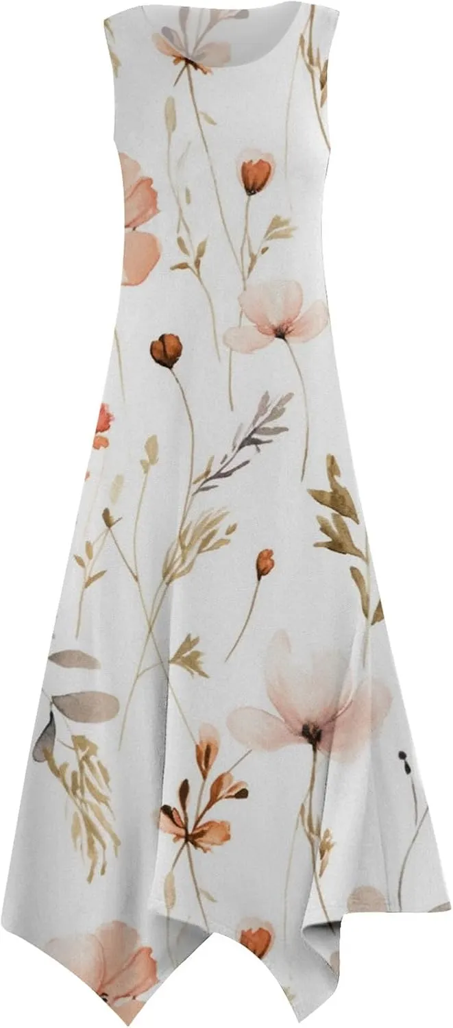 PTOLOCIF Summer Dresses for Women 2024 Sleeveless Swing Dress Casual Crewneck Boho Sundress Handkerchief Hem Tank Maxi Dress