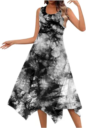 PTOLOCIF Summer Dresses for Women 2024 Sleeveless Swing Dress Casual Crewneck Boho Sundress Handkerchief Hem Tank Maxi Dress