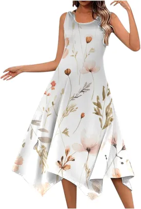 PTOLOCIF Summer Dresses for Women 2024 Sleeveless Swing Dress Casual Crewneck Boho Sundress Handkerchief Hem Tank Maxi Dress